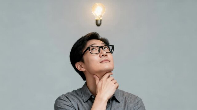 A man glasses idea lightbulb thinking inspiration creativity innovation insight problem asian man grey shirt studio pensive expression hand on chin glow spark concept thoughtful mood copy space