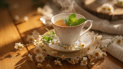 Steaming porcelain teacup and saucer sitting on wooden table in cozy kitchen, mint and chamomile
