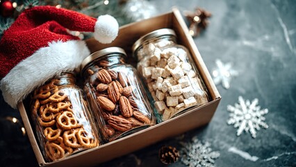 Festive Food Box with Santa Hat in Snowy Scene
