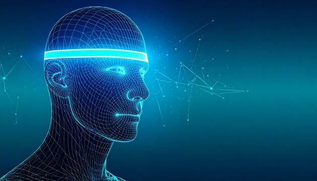 Digital wireframe human head with glowing forehead band on teal background, symbolizing AI and cyber intelligence.