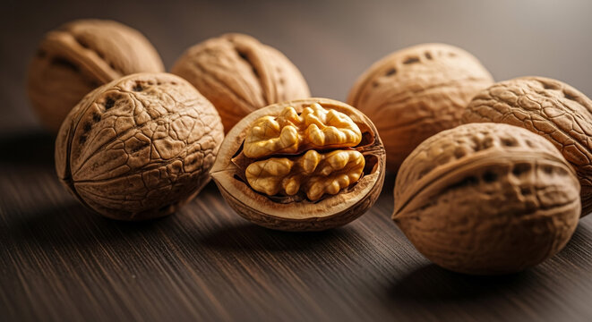 Walnuts in shell and shelled walnuts close up healthy snack food photography