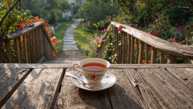 Sitting china teacup with pink floral containing amber tea on cottage deck, saucer and teaspoon - Powered by Adobe