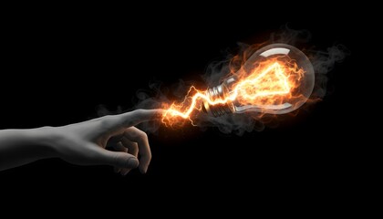 A human finger ignites a fiery spark of electricity inside a lightbulb, symbolizing a powerful idea or creation.