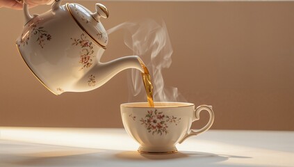 Pouring porcelain teapot tilting over floral teacup on tabletop, hand holding handle, steam rising
