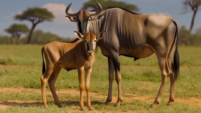 Adult wildebeest and calf standing together in a grassy African savanna landscape Keywords: wildebeest, calf, adult, animal, wildlife