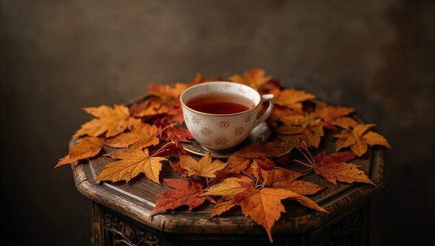 Sitting goldrimmed porcelain cup and saucer on carved table at home teaspoon peeking leaves framing