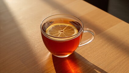 Sitting single clear glass cup holding amber tea on wooden table, with lemon slice and sunlight