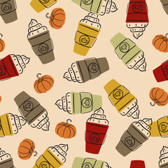 Pumpkin Spice Latte with Whip Cream Vector Seamless Pattern