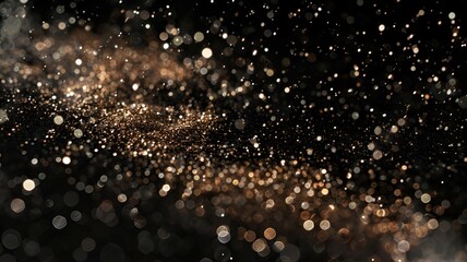 Gold glitter shimmering particles with a bokeh effect, blurred shiny, isolated on dark black background. Elegant luxurious holiday or festive designs, screen overlay