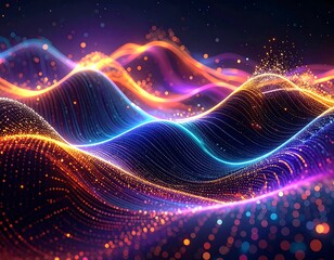 Fototapeta premium Abstract digital waves flow in vibrant blue, orange, and purple with glittering bokeh against a dark background