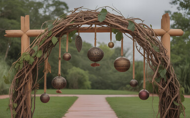Handcrafted Tribal Wooden Arch Backdrop with Indigenous Carvings, Marigold Garlands and Bamboo Decorations in Warm Festive Sunlight