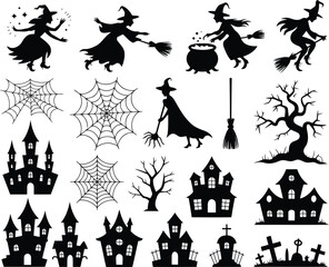 Halloween vector silhouette set: witch, house, web, tree, grave.