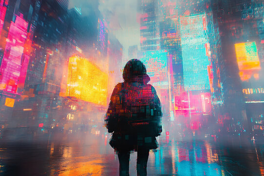 Generative AI glitch art of person silhouette against urban lights and digital rain in abstract futuristic style - Powered by Adobe