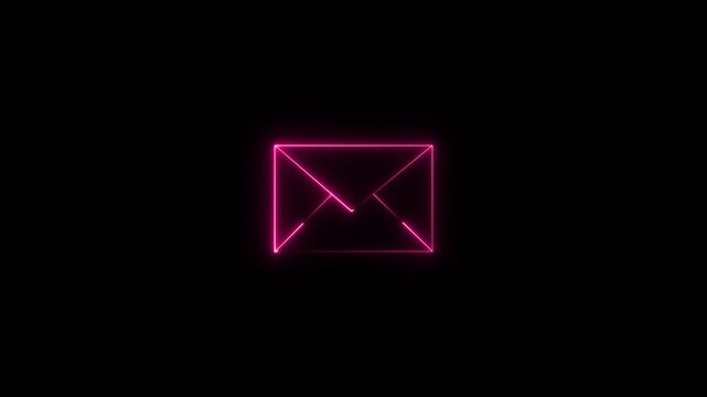 The outline of a glowing envelope symbol in bright neon colors, representing digital communication, email, messaging, and technology, glows brightly in the dark with a futuristic aesthetic.