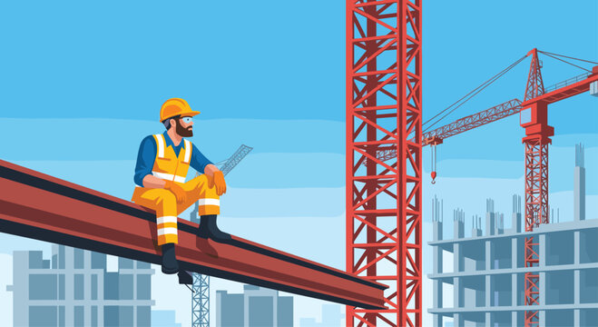 Skilled construction worker resting atop steel beam overlooking active construction site with cranes and buildings against a bright blue sky