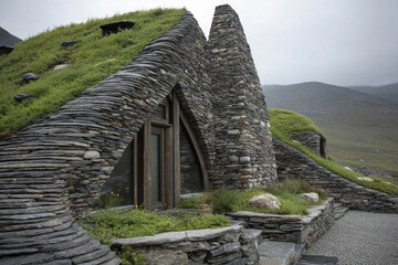 A close-up of a traditional mountain dwelling's unique architecture, showcasing stone walls and a green roof, blending with the environment.