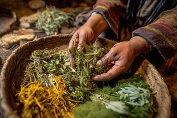 A close-up of a traditional mountain healer's hands mixing natural herbs and plants, emphasizing indigenous medicinal practices and ancient knowledge.