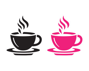 Set of hot steaming coffee cup and saucer vector icons in black and magenta silhouette. Simple graphic symbols for cafe, tea shop, beverage menu, breakfast, break time, or digital hot drink promotions