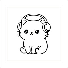 Bold and Easy Kawaii Cat with Headphones Cozy Moment Coloring Page Vector | Cute Kitten Listening to Music Line Art