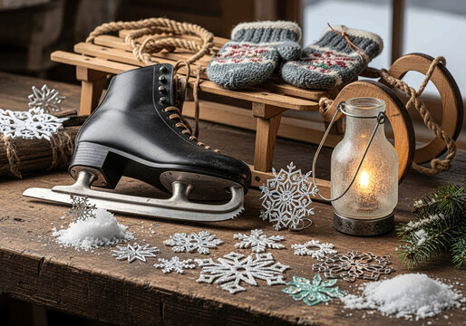 Ice skate mittens sled and snowflakes on a rustic wooden table creating a cozy winter holiday atmosphere