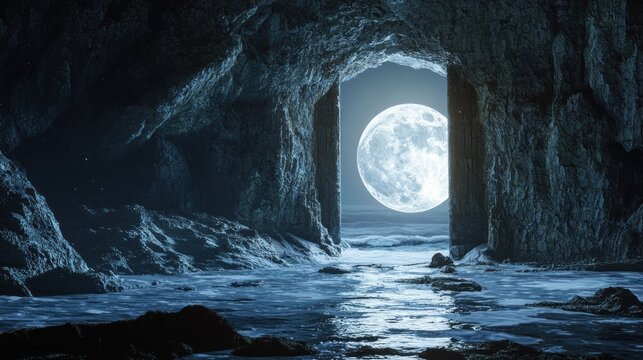 Mystical Cave Opening to a Moonlit Ocean - A Dreamlike Escape.