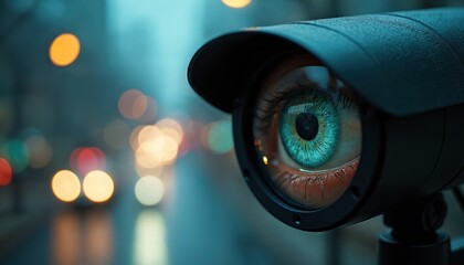 Security camera lens shows human eye. Observes blurry city street with evening traffic lights. Tech device monitors urban life, raising big data privacy, public safety questions, control in modern