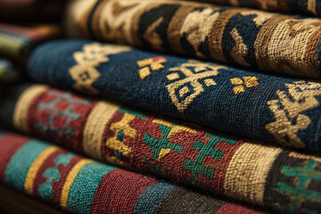 A close-up of traditional woven mountain textiles, showcasing intricate patterns and textures, a testament to generational craft.