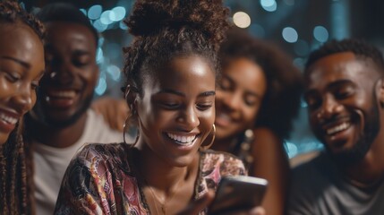 A woman of African descent engages with her group of friends who are gathered lively around her, all watching something together on a smartphone. The friends share smiles and laugh