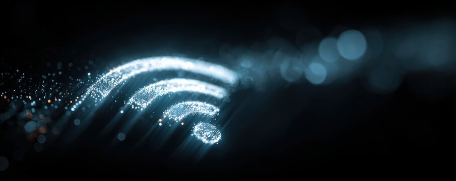 Glowing wi-fi symbol made of data particles on dark background. Wireless internet connection icon network tech for digital communication.