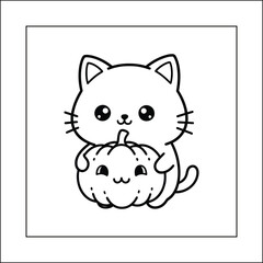 Bold and Easy Kawaii Cat and Pumpkin Cozy Moment Coloring Page Vector | Cute Kitten Holding Jack O' Lantern Line Art