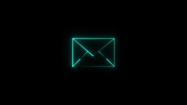 The outline of a glowing envelope symbol in bright neon colors, representing digital communication, email, messaging, and technology, glows brightly in the dark with a futuristic aesthetic.