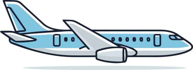 A light blue and white commercial passenger airplane flying, depicted in a clean vector illustration style.