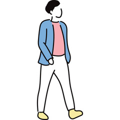 Full Body Stylized Illustration Of A Person Walking Outdoors Wearing A Blue Jacket Pink Shirt And White Pants With Yellow Shoes Isolated On White