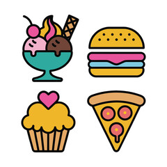 Cute Cartoon Food Icons Collection Featuring Dessert and Fast Food Elements Vector Art