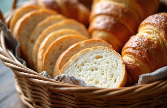 Freshly sliced white bread, flaky golden croissants in rustic wicker basket, lined with checkered fabric. Warm bakery items appear inviting, ready for delicious breakfast, brunch, light meal.