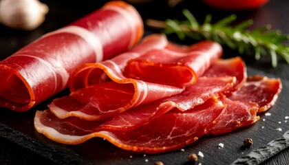 Slices of cured italian dry aged ham jamon on dark slate board, gourmet charcuterie and authentic deli appetizer, perfect for a traditional meal starter product card image for food delivery app