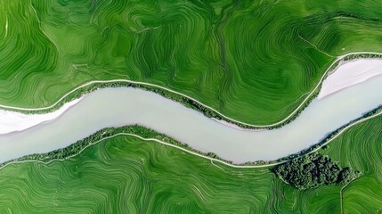 An aerial drone shot showcases vibrant green terraced fields carved into rolling hills, bisected by a pale blue river and a narrow road. The scene is bathed in