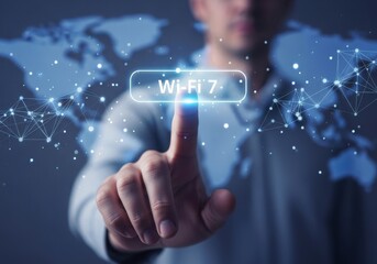 Man touching virtual screen with wi-fi 7 text. High speed wireless internet connection concept. Global network technology and advancement.