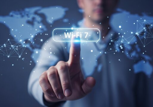 Man touching virtual screen with wi-fi 7 text. High speed wireless internet connection concept. Global network technology and advancement.