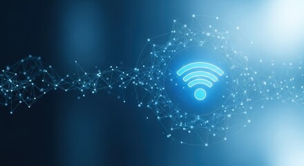 Blue glowing wi-fi symbol with connected lines and dots. Wireless network concept. For global communication, internet connection, and data transfer.
