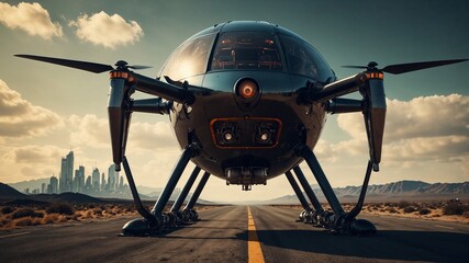 Futuristic electric xhopter transportation of future prototype captured in innovative aviation setting showcasing advanced technology, sustainable mobility, and visionary design atmosphere