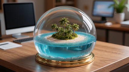 Miniature tropical island under a glass dome on an office desk, symbolizing travel dreams and vacation planning. Ideal visual metaphor for tourism and travel agency themes