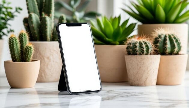 Smartphone with blank white screen on a marble desk, surrounded by potted succulents and cacti, minimalist modern scene for tech, lifestyle, and app mockup use coffee shop copy space mobile app