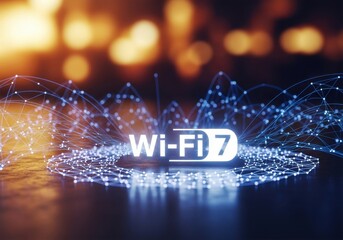 Wi-fi 7 logo with connected dots and lines. Wireless network technology and high speed internet access concept. Telecommunication.