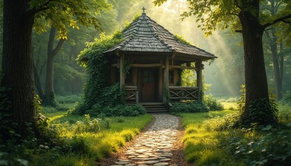 Wooden cabin with steep roof nestled among green trees. Stone pathway leads to rustic home entrance. Sunlight streams through forest canopy onto grassy clearing.