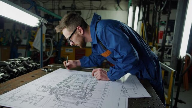 Engineer working with blueprint on industrial workshop table, mechanical design drawing, drafting technical blueprint, focused workspace innovation