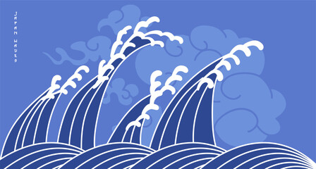 Traditional oriental river waves background. Chinese and Japanese wallpaper pattern design of sea wave, line art and clouds in sky. Flat vector illustration.