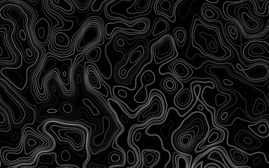Bold, high-contrast topographic contour map with elevation lines in white over deep black.