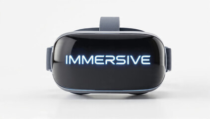 Obraz premium The image features a sleek, dark virtual reality headset displaying the glowing word 