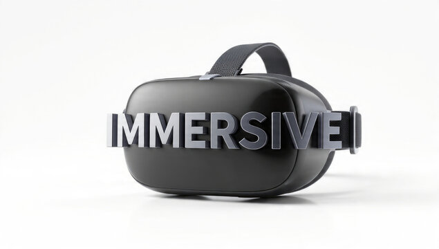 A black virtual reality headset prominently features the 3D silver text "IMMERSIVE," symbolizing deep digital engagement and advanced technology experiences.